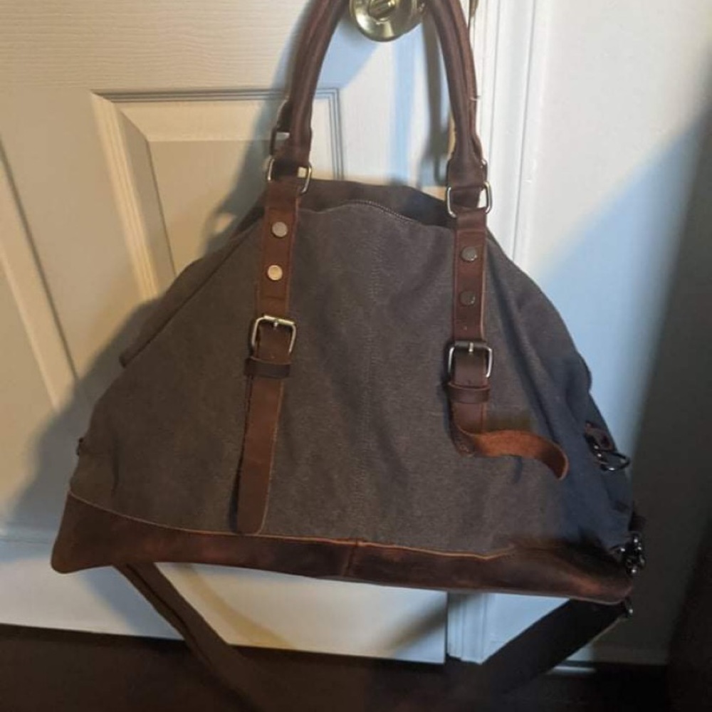 Gray Canvas Overnight Bag - Travel Duffel - Genuine Leather